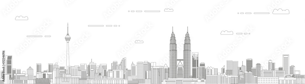 Naklejka premium Ilustracja wektorowa styl linii miasta Kuala Lumpur. Szczegółowy plakat panoramiczny