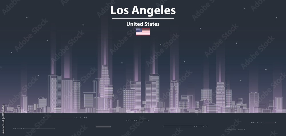 Los Angeles at night cityscape line art style vector illustration