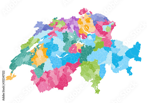 Swiss vector map showing cantons, districts and municipalities borders photo