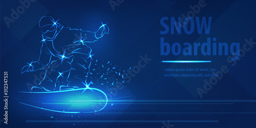 Snowboard man figure jumping sport blue neon banner