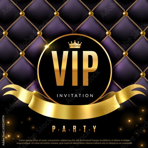 VIP. Luxury invitation coupon certificate with golden letters, exclusive and elegant logo membership in prestige club vector background