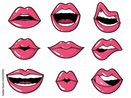 Lips patches. Pop art sexy kiss, smiling woman mouth with red lipstick and tongue. Retro comic 80s stickers vector set