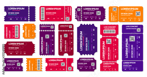 Ticket templates mockup, concert and movie ticket. Vector illustration on background