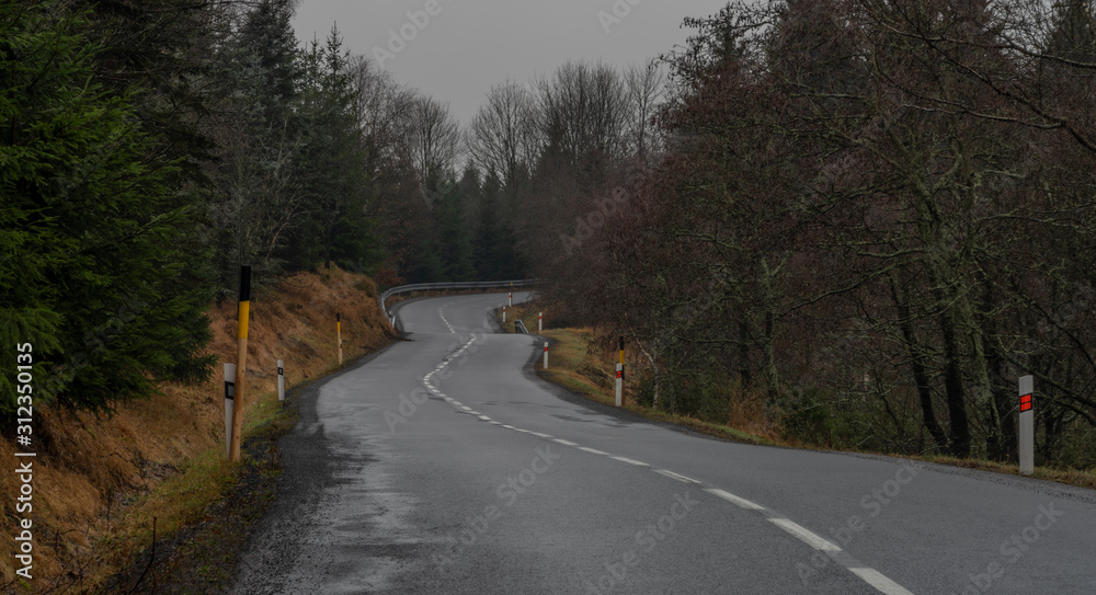 Fototapeta premium Asphalt road in Krusne hory mountains in winter cloudy evening