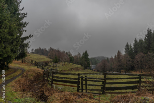 Pasture land in Krusne hory mountains in winter cloudy evening