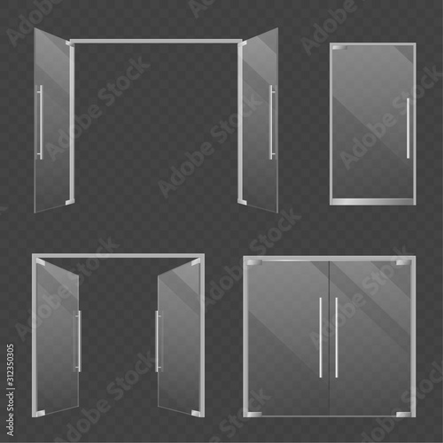Glass doors. Realistic open and closed double glass mall and store doors. Modern architectural interior and exterior elements vector set