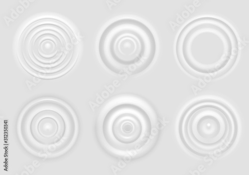 Ripple on white surface. Dairy product circular waves top view, milk splash from falling drop, round radial ripples on surface vector texture
