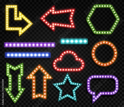 Signs with lamps. Realistic glowing symbols of different forms. Blue, red and yellow neon bulbs marketing frame for title advertising vector set