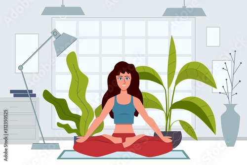 Yoga characters. Woman does exercises warming up and stretching at home, meditation on nature, physical and spiritual practice vector concept