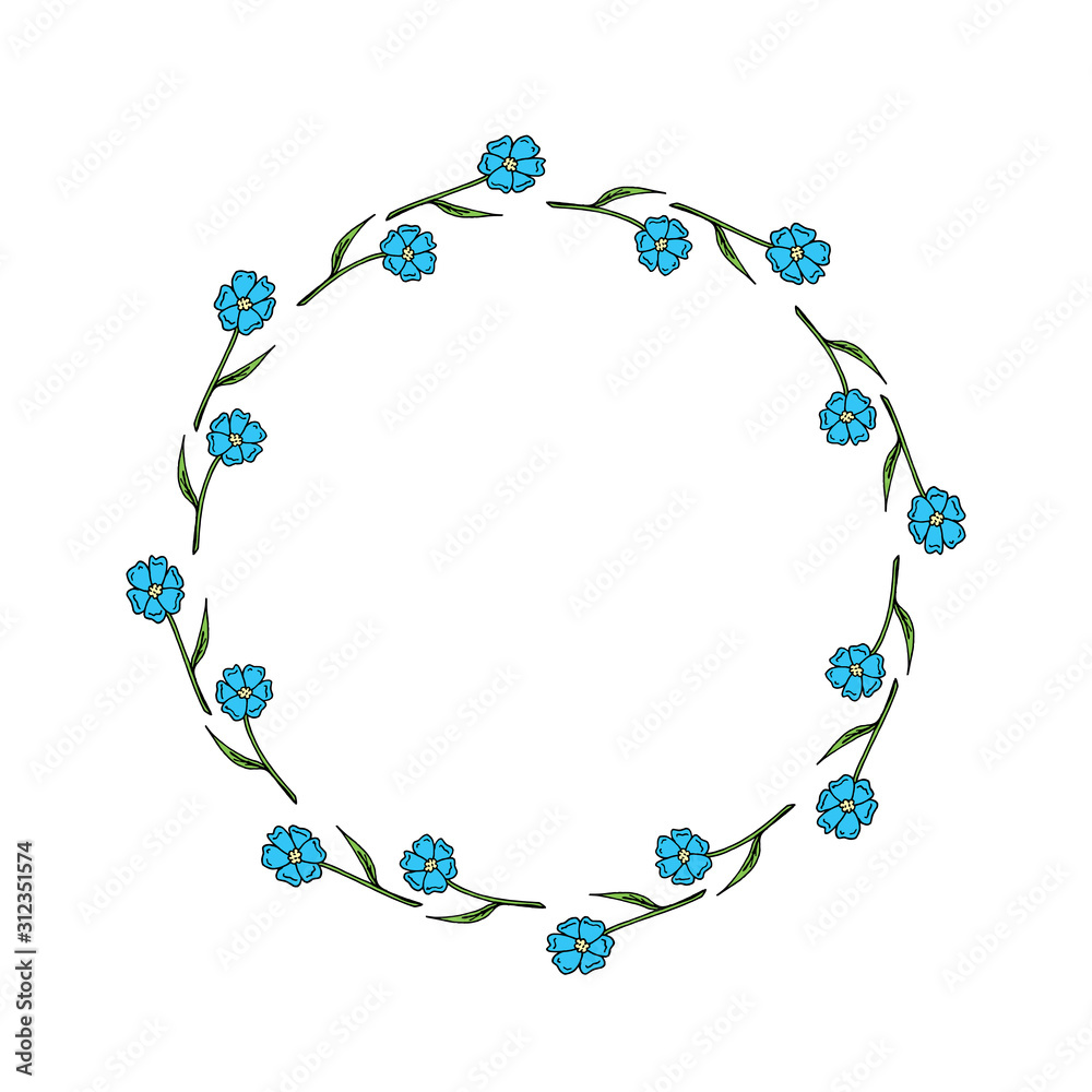 Round frame made of blue flowers. Romantic wreath on white background for your design Round frame made of blue flowers. Romantic wreath on white background for your design