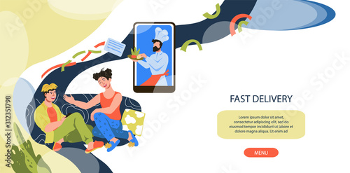 Ready food delivery services web banner template with chef cook character offering restaurant cuisine dish.