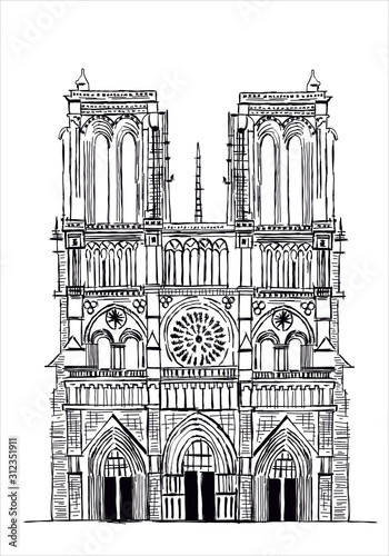 Notre Dame de Paris Cathedral, France. Hand drawing sketch vector