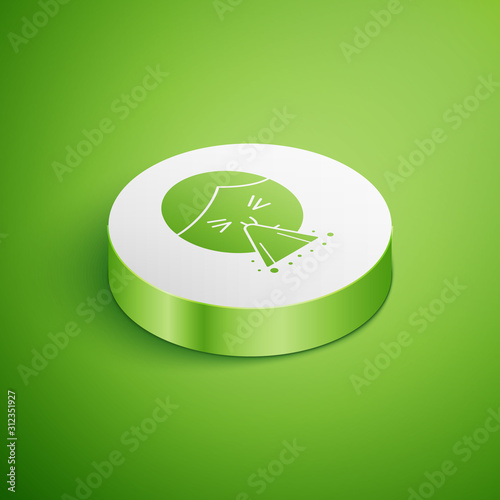 Isometric Man holding handkerchief or napkin to his runny nose icon isolated on green background. Coryza desease symptoms. White circle button. Vector Illustration