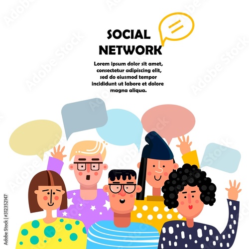 Cute People with Speech Bubbles. Flat. Face, character portrait