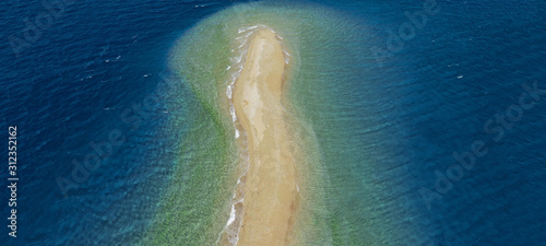 Fototapeta Naklejka Na Ścianę i Meble -  Aerial drone ultra wide photo of tropical exotic turquoise sand bar in exotic bay