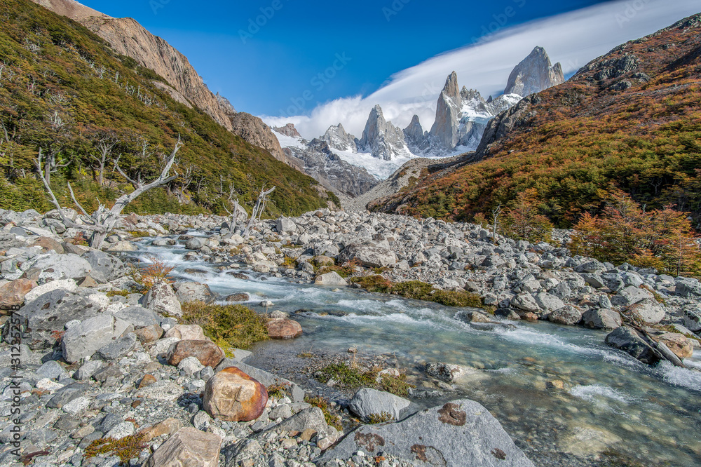View of Mt. Fitz Roy stream in foreground View of Mt. Fitz Roy stream in foreground