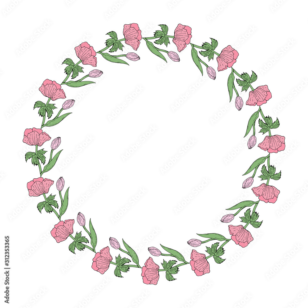 Naklejka premium Round frame made of tulip and anemone. Romantic wreath on white background.