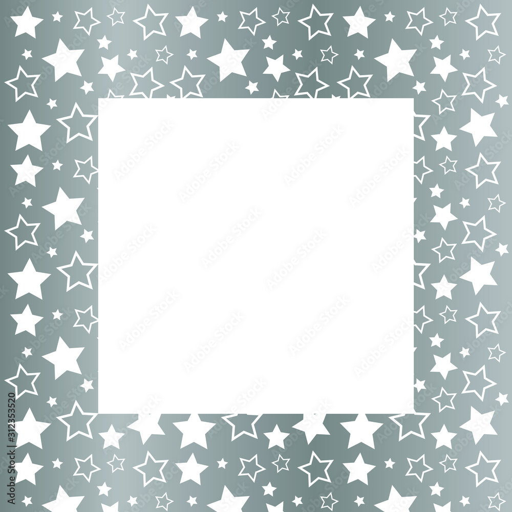 Frame with blank space for text. Border of white stars. silver background. Vector for Christmas and New Year greeting card, banner, invitation, packaging design, copy space Frame with blank space for text. Border of white stars. silver background. Vector for Christmas and New Year greeting card, banner, invitation, packaging design, copy space