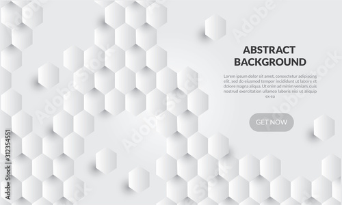 3D Abstract white geometric  shape from gray hexagon .Brick wall squares texture. Panoramic Solid Surface background.Creative design minimal modern wallpaper and banner . Vector Illustr