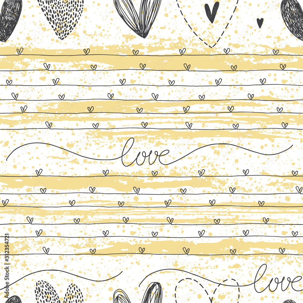 Seamless pattern with hand-drawn hearts on texture background. Vector illustration. Romantic background perfect for Valentine's Day, wedding and other romantic events.