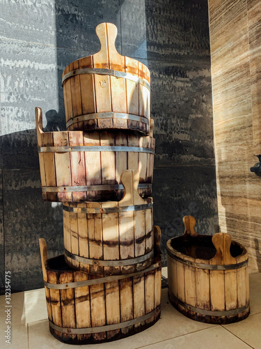 Lots of wooden buckets for bath bath sauna spa