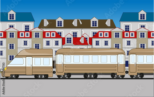 Passenger train with coach arrives in small city