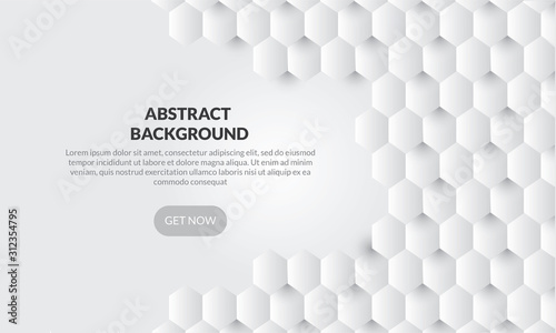 3D Abstract white geometric  shape from gray hexagon .Brick wall squares texture. Panoramic Solid Surface background.Creative design minimal modern wallpaper and banner . Vector Illustr