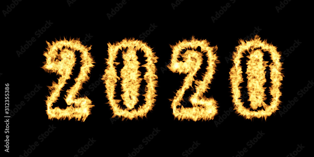 Year 2020 Text with Burning Flames Effect