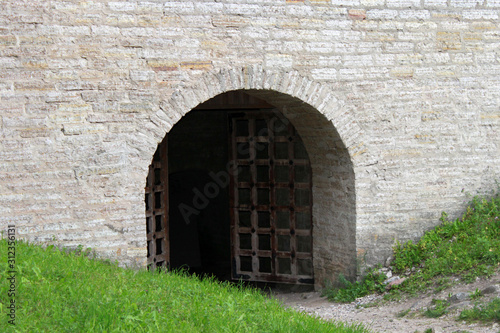 Entrance door into Gate Tower of stone fortress Staraya Ladoga  Russia.