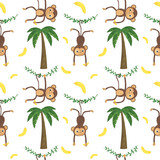  Monkey seamless pattern watercolor illustration set animal parrot bird jungle liana palm banana