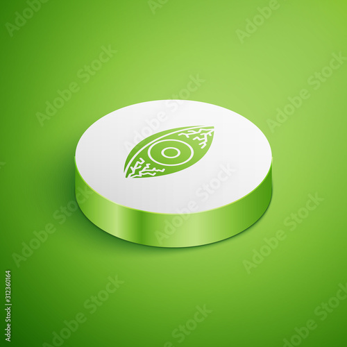 Isometric Reddish eye due to viral, bacterial or allergic conjunctivitis icon isolated on green background. White circle button. Vector Illustration