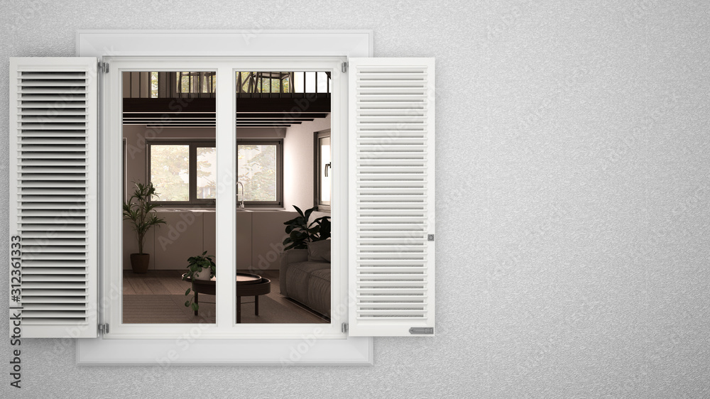 Exterior plaster wall with white window with shutters, showing interior country kitche and lounge, blank background with copy space, architecture design concept idea, mockup template Exterior plaster wall with white window with shutters, showing interior country kitche and lounge, blank background with copy space, architecture design concept idea, mockup template