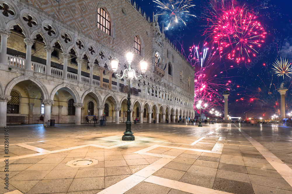 New Years firework display over the Venice city, Italy