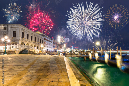 New Years firework display over the Venice city, Italy
