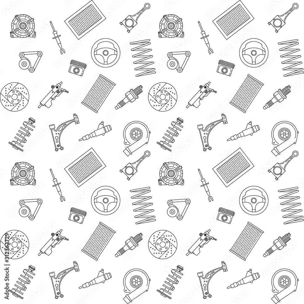 Auto car spare parts seamless pattern. Vector icons illustration. Background and texture in outline style
