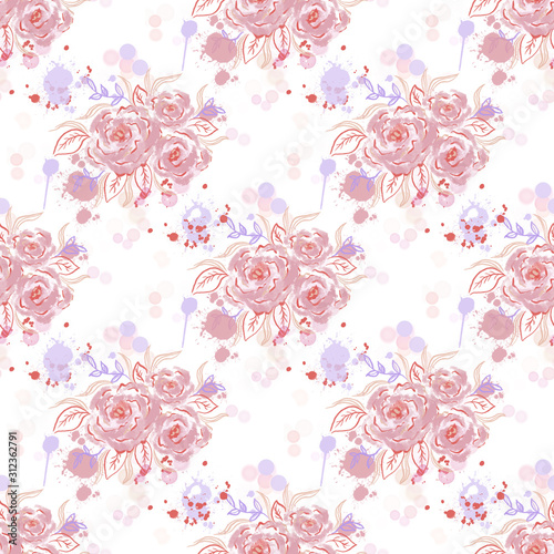 seamless watercolor pattern with roses and blots . hand-drawn author's work. textile design