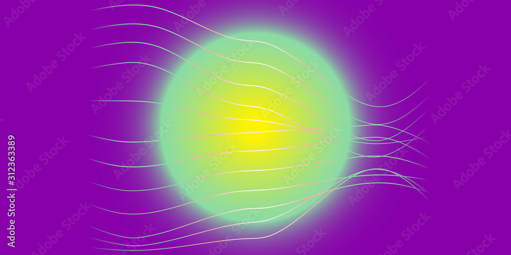 Vector illustration The moon emitted a yellow-green gradient halo. Multicolored rainbow lines make it curve and loop through. Watching flying. Lines moved forward. On a purple background Vector illustration The moon emitted a yellow-green gradient halo. Multicolored rainbow lines make it curve and loop through. Watching flying. Lines moved forward. On a purple background