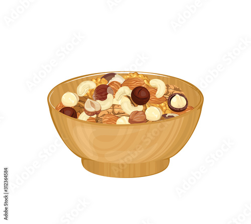 Mix of different nuts. Wooden bowl full of nuts isolated on a white background. Vector illustration of organic healthy food in cartoon flat style.