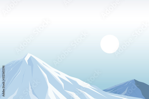 Vector illustration of natural scenery of snow mountains in the morning