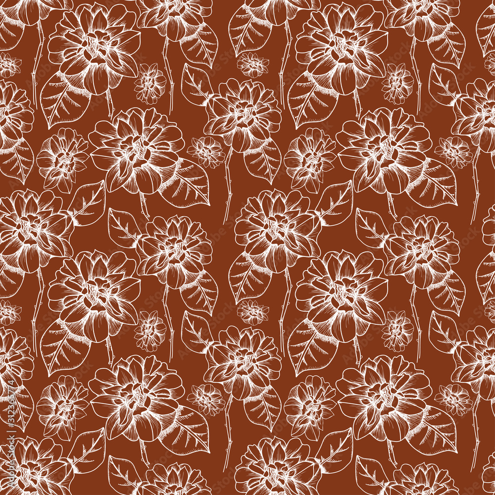 seamless pattern with hand drawn roses on a dark brown background, vector illstrations
