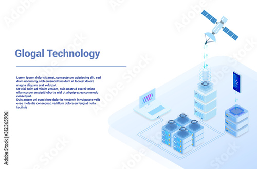 Date center isometric concept vector illustration. Server room with hardware racks or web hosting infrastructure icons on blue web banner