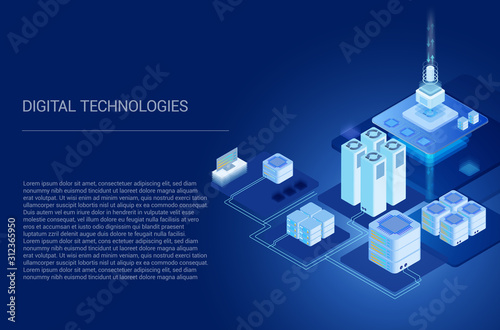 Date center isometric concept vector illustration. Server room with hardware racks or web hosting infrastructure icons on blue web banner