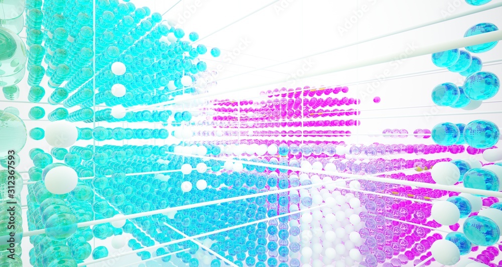 Abstract white interior from array colored gradient glasses spheres with large window. 3D illustration and rendering.