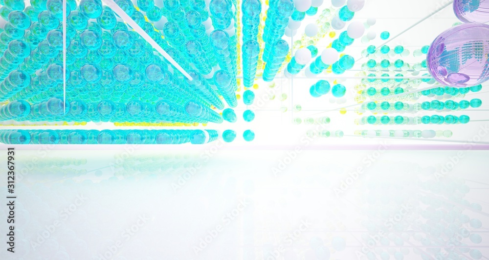 Obraz premium Abstract white interior from array colored gradient glasses spheres with large window. 3D illustration and rendering.