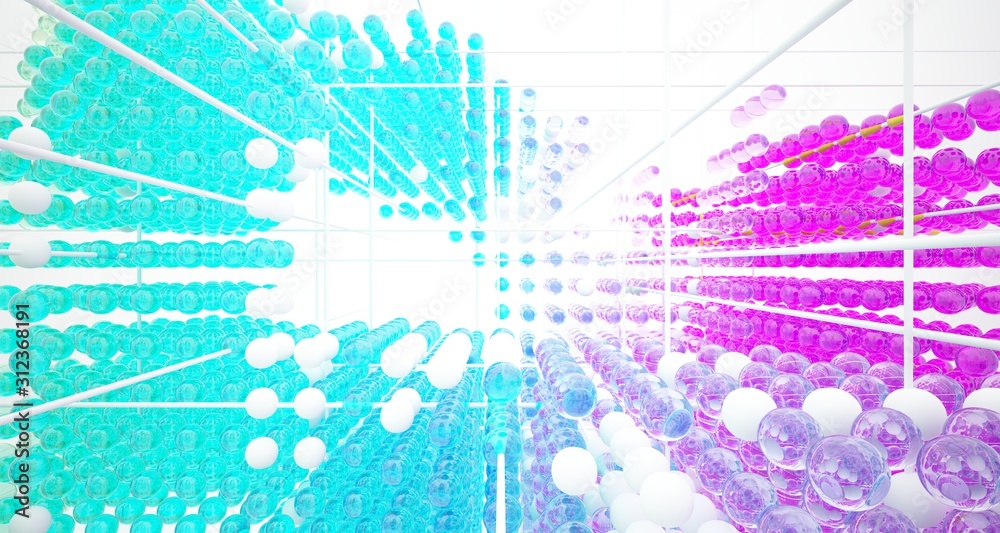 Fototapeta premium Abstract white interior from array colored gradient glasses spheres with large window. 3D illustration and rendering.
