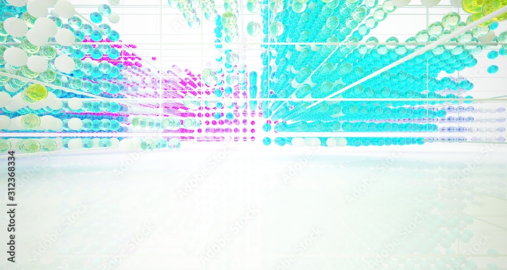 Obraz premium Abstract white interior from array colored gradient glasses spheres with large window. 3D illustration and rendering.