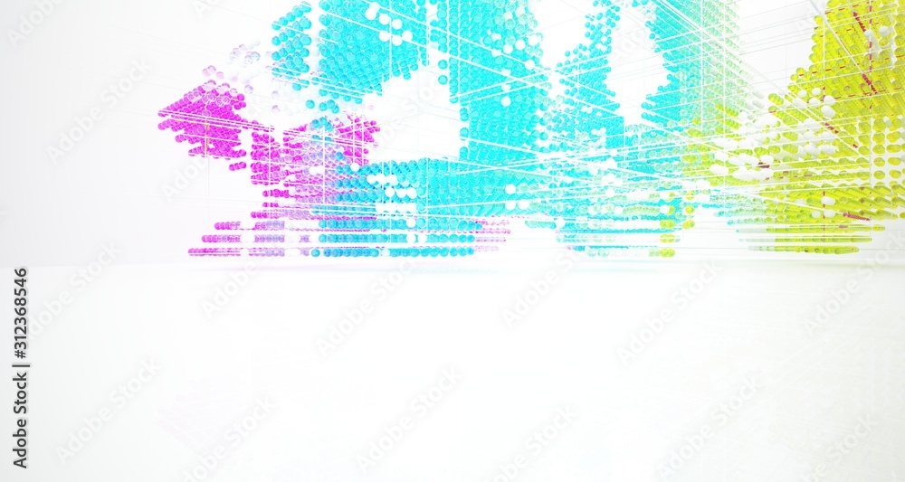 Fototapeta premium Abstract white interior from array colored gradient glasses spheres with large window. 3D illustration and rendering.