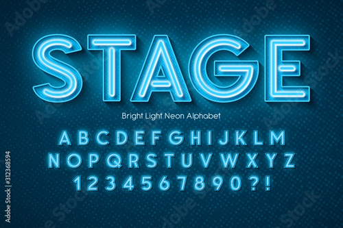 Neon light 3d alphabet, extra glowing font.