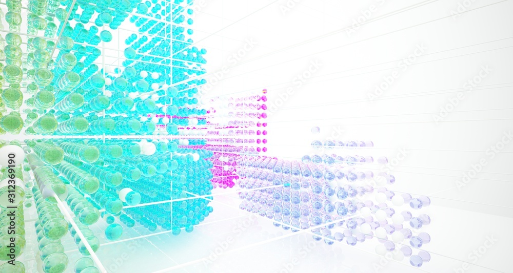 Obraz premium Abstract white interior from array colored gradient glasses spheres with large window. 3D illustration and rendering.