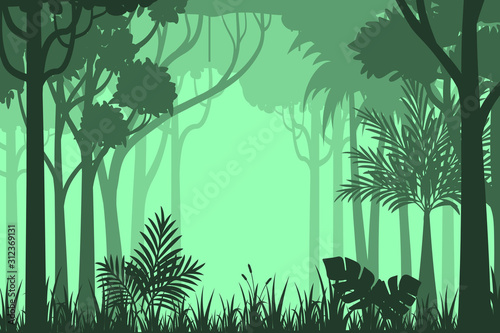 vector illustration of nature, silhouette design of natural scenery of trees and grasses in a tropical forest